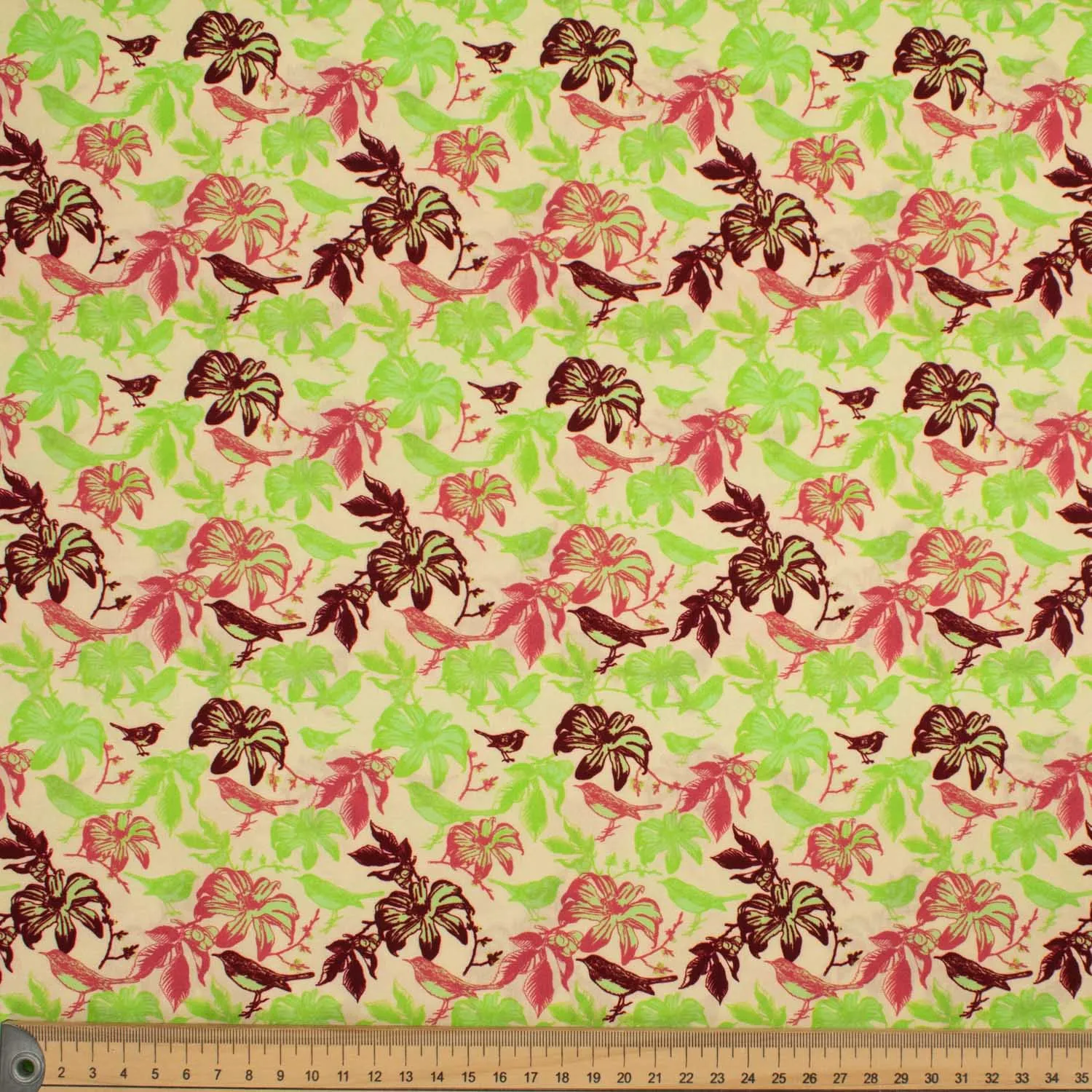 Old World Plants Collection #11 Maroon Birds & Green Leaves on Coral Cotton Prints