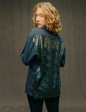 Party Back Shirt - Blue Lace Art-Deco Sequin - Blue Cotton