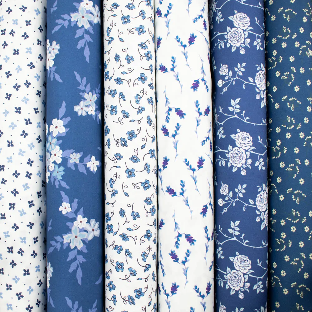 Petite Studio Blue Collection #02 White & Lilac Small Flower on Blue Cotton Prints