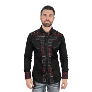 Platini Men's Modern Fit Stretch Aztec Embroidery Black Shirt