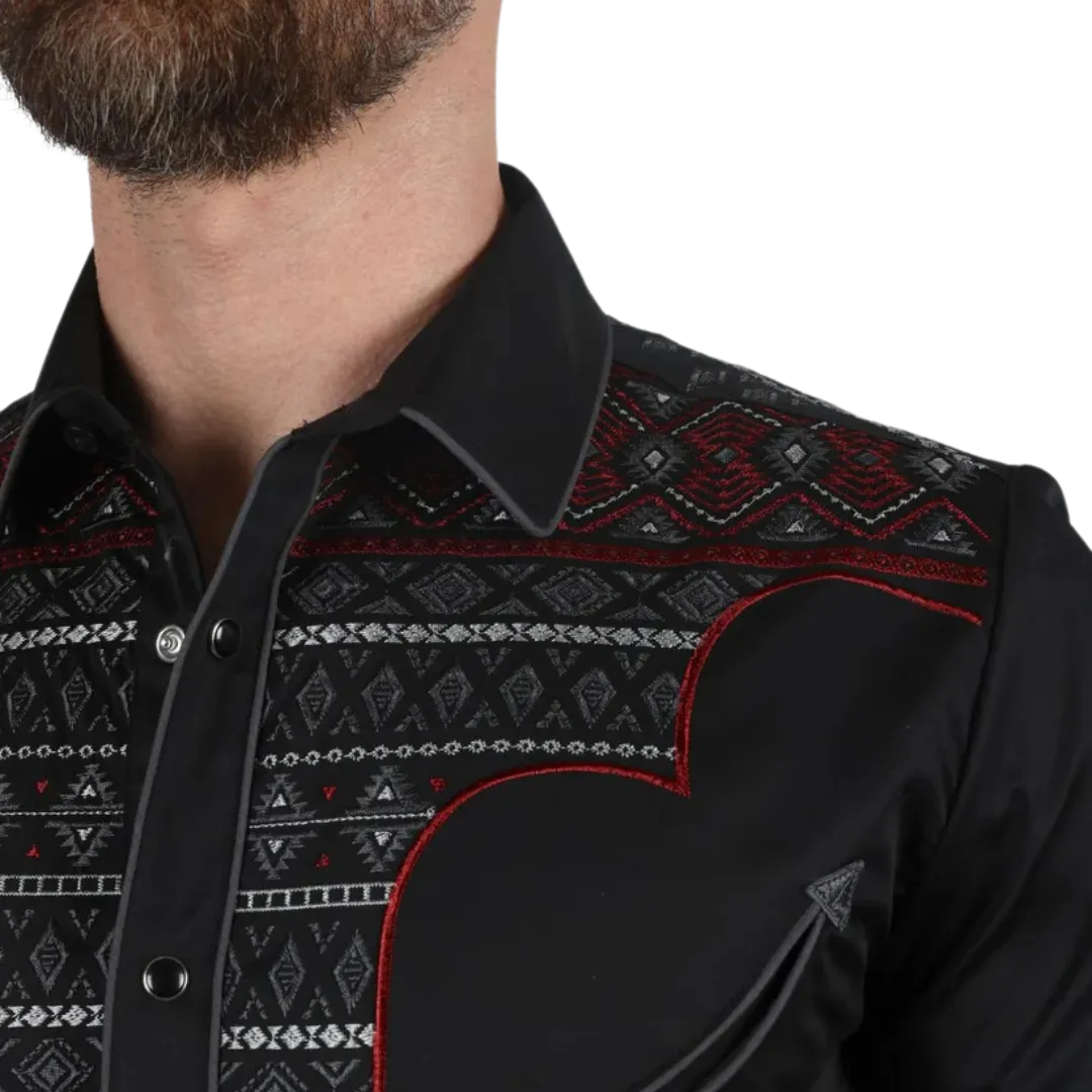 Platini Men's Modern Fit Stretch Aztec Embroidery Black Shirt