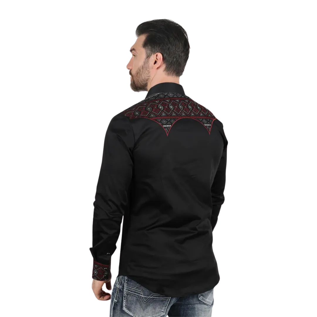 Platini Men's Modern Fit Stretch Aztec Embroidery Black Shirt