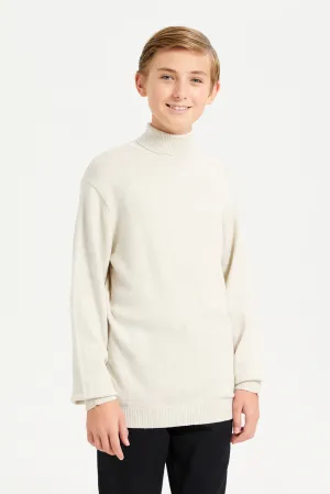 Senior Boys Ecru Mel Turtle Neck Pullover