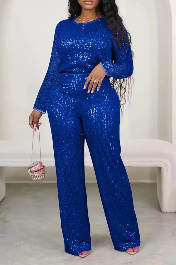 Sparkly Sequin Round Neck Top & Pants Set