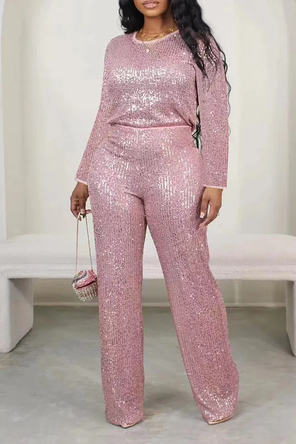 Sparkly Sequin Round Neck Top & Pants Set