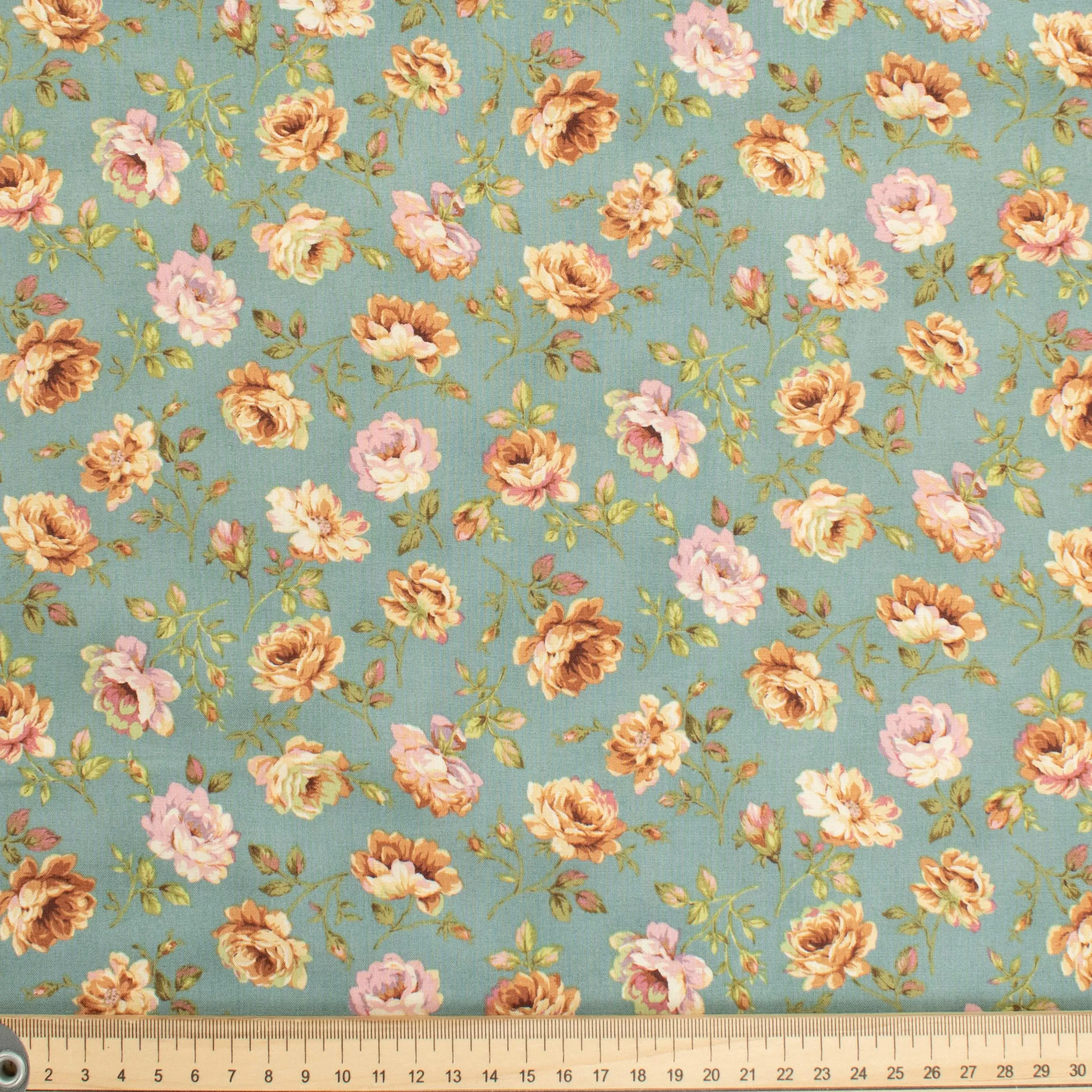 Stof Fabrics Roses-4 Floral on Turquoise Stripes Cotton Prints