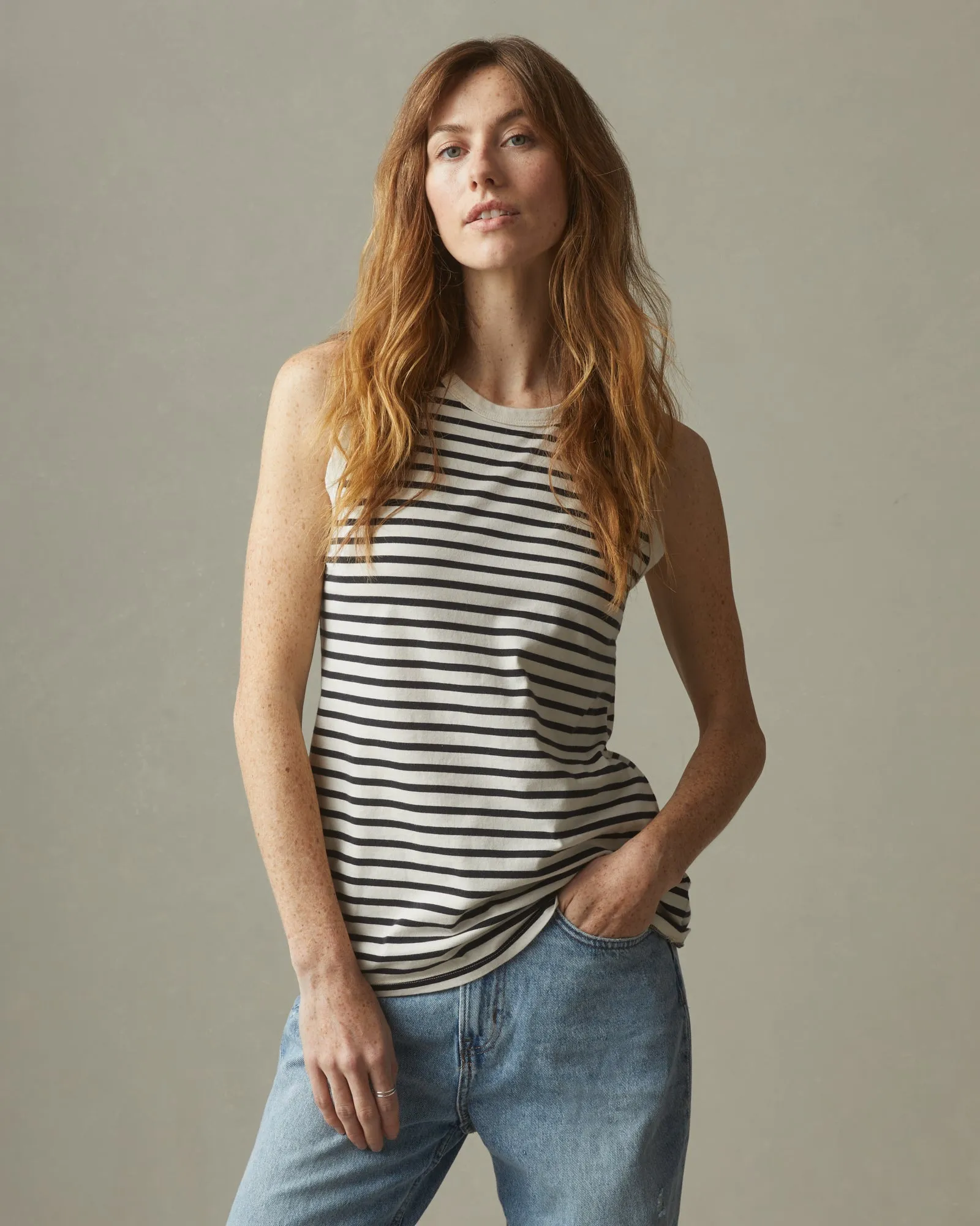 Striped Classic Cotton Muscle Tank - Turtledove Dark Navy