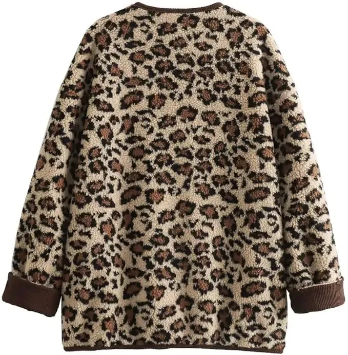 TAVIMART  -  New Women's Leopard Fuzzy Fleece Jacket Long Sleeve Open Front Coats Lightweight Casual Outerwear with Pocket Thermal Top Jacket