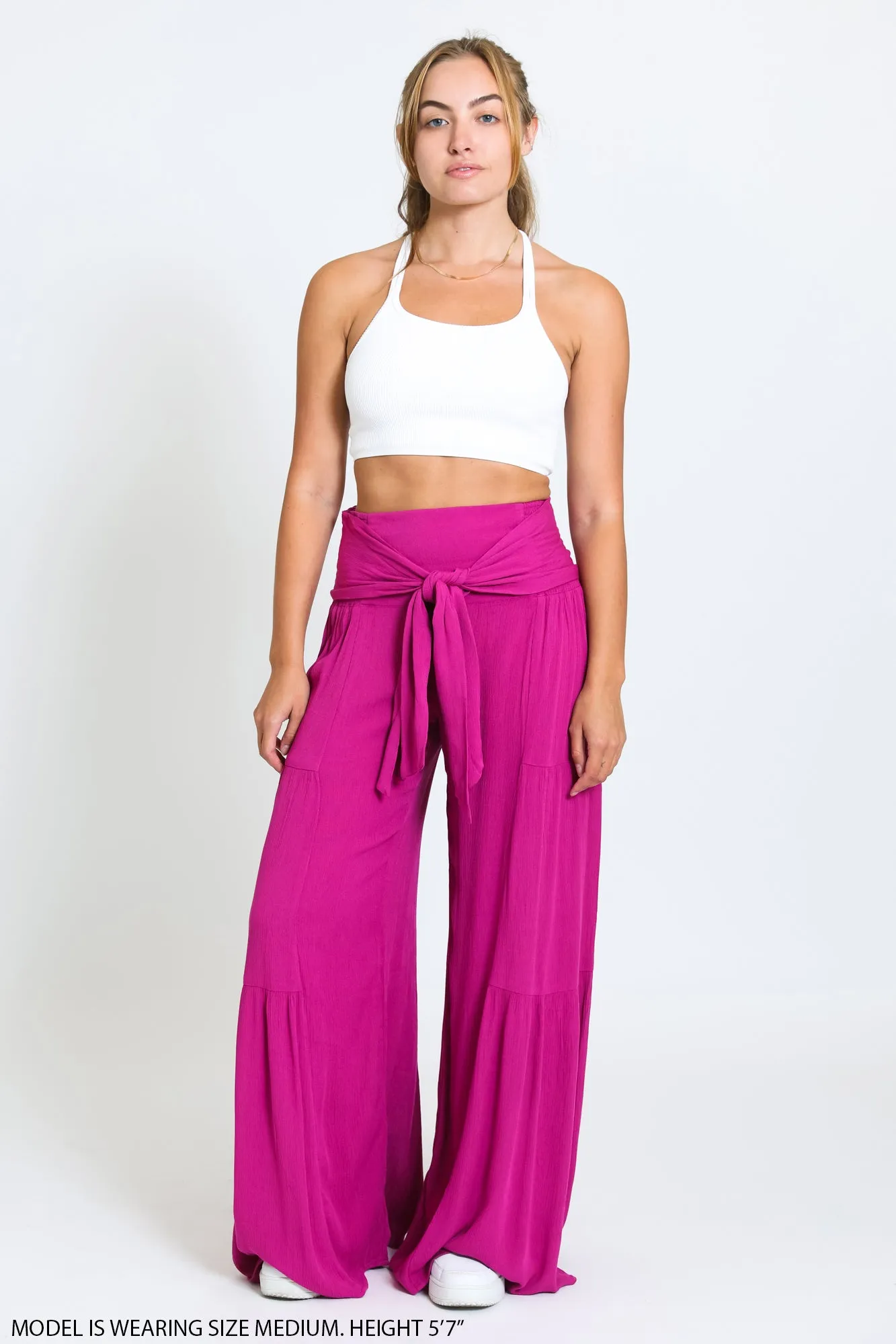 TIE WAIST TIERED WIDE LEG PANT - POMEGRANATE