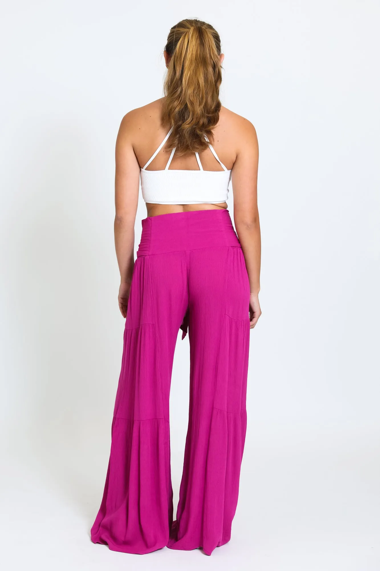 TIE WAIST TIERED WIDE LEG PANT - POMEGRANATE