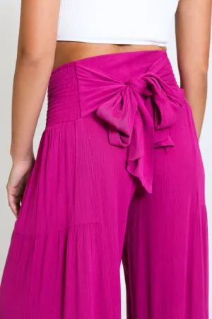 TIE WAIST TIERED WIDE LEG PANT - POMEGRANATE