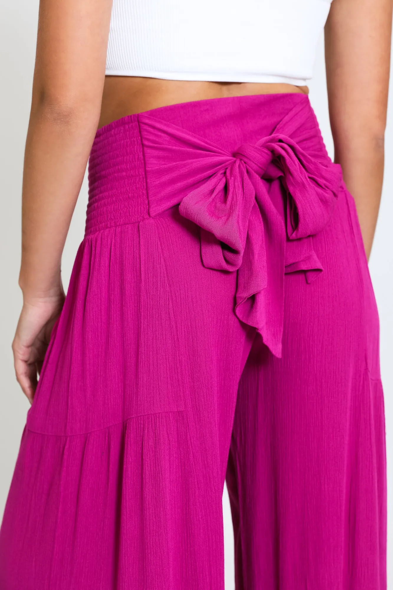 TIE WAIST TIERED WIDE LEG PANT - POMEGRANATE