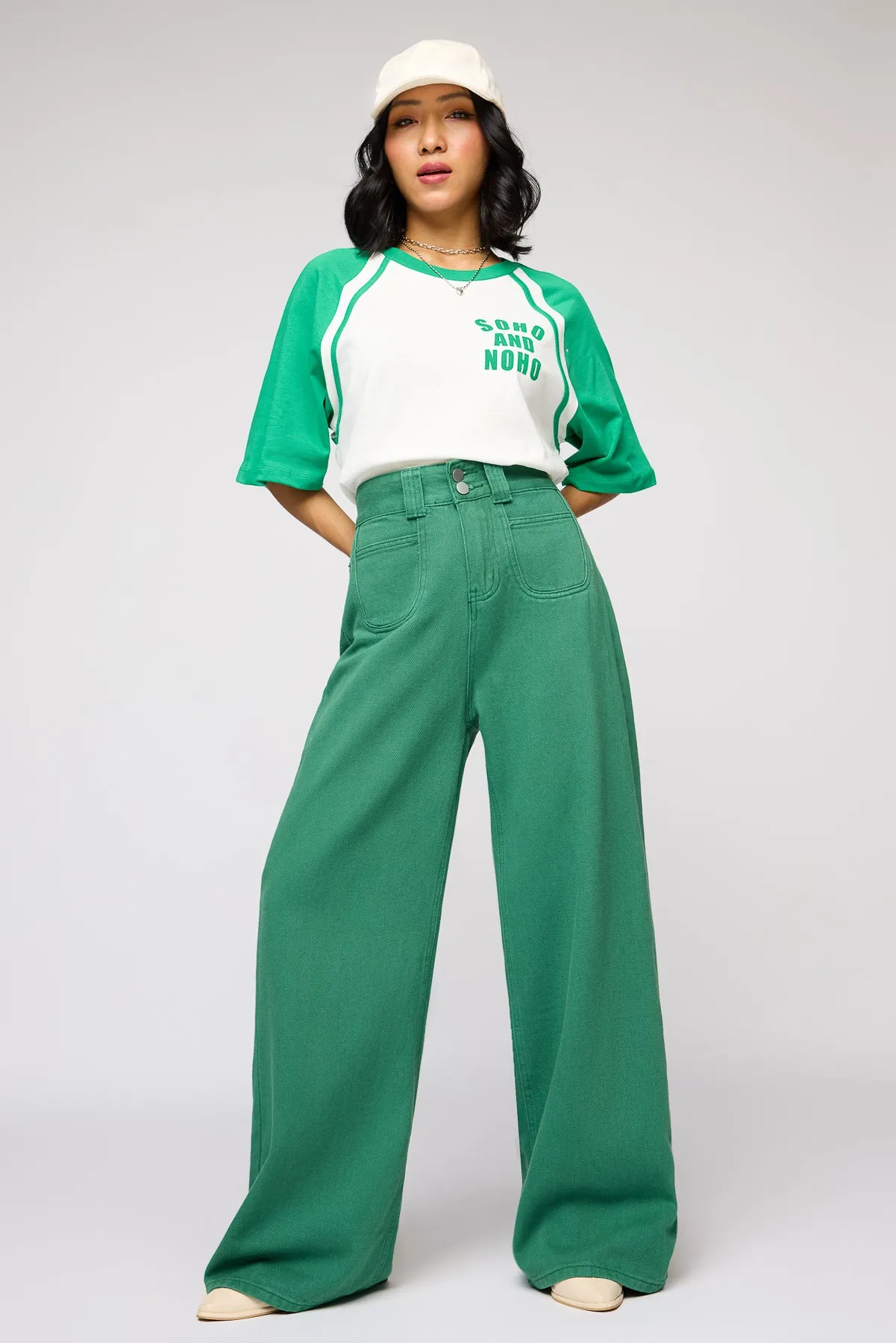 Verdant Green Denim Korean Pants