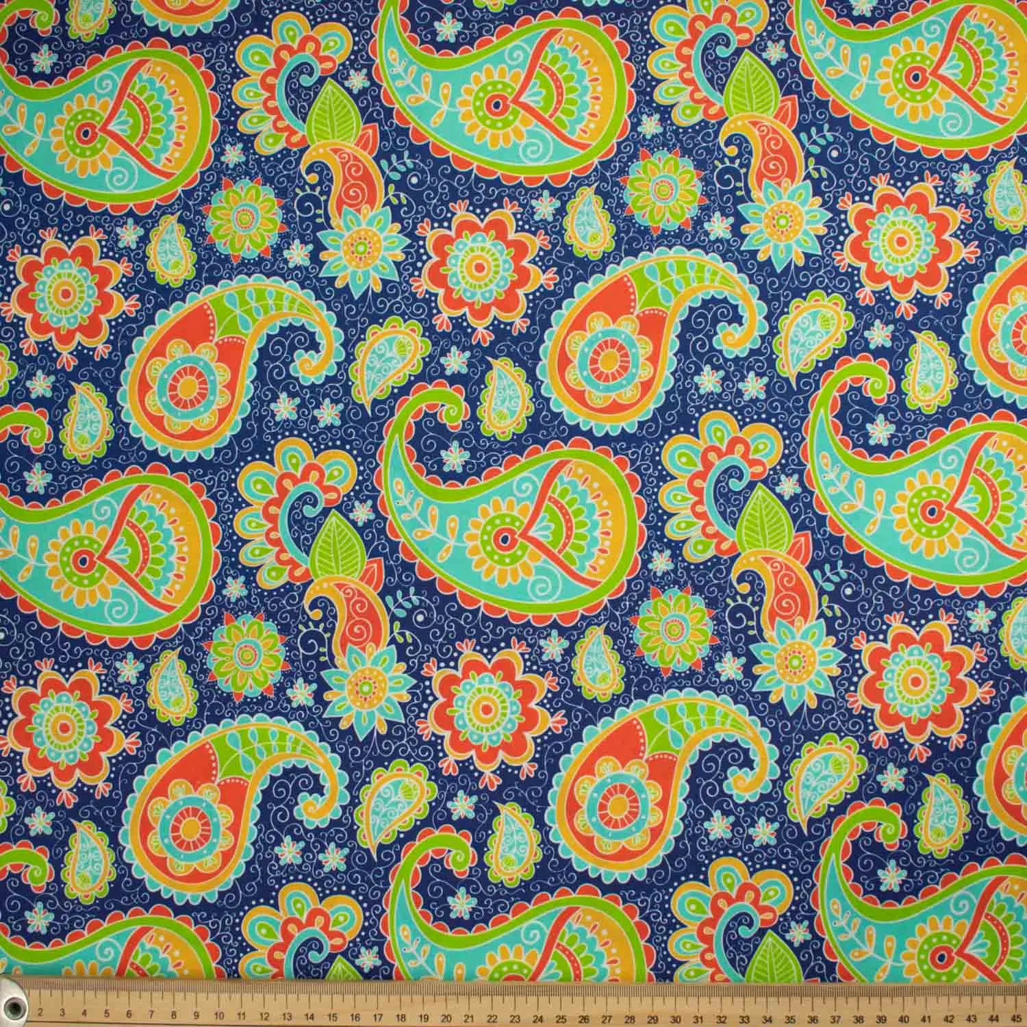 Vintage & Paisley Collection Green & Orange Paisley on Blue Cotton Prints