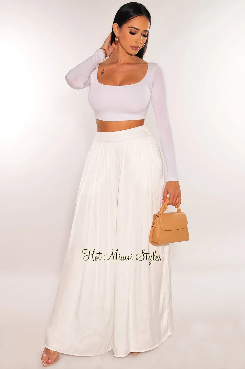 White Silky High Waist Pleated Palazzo Pants