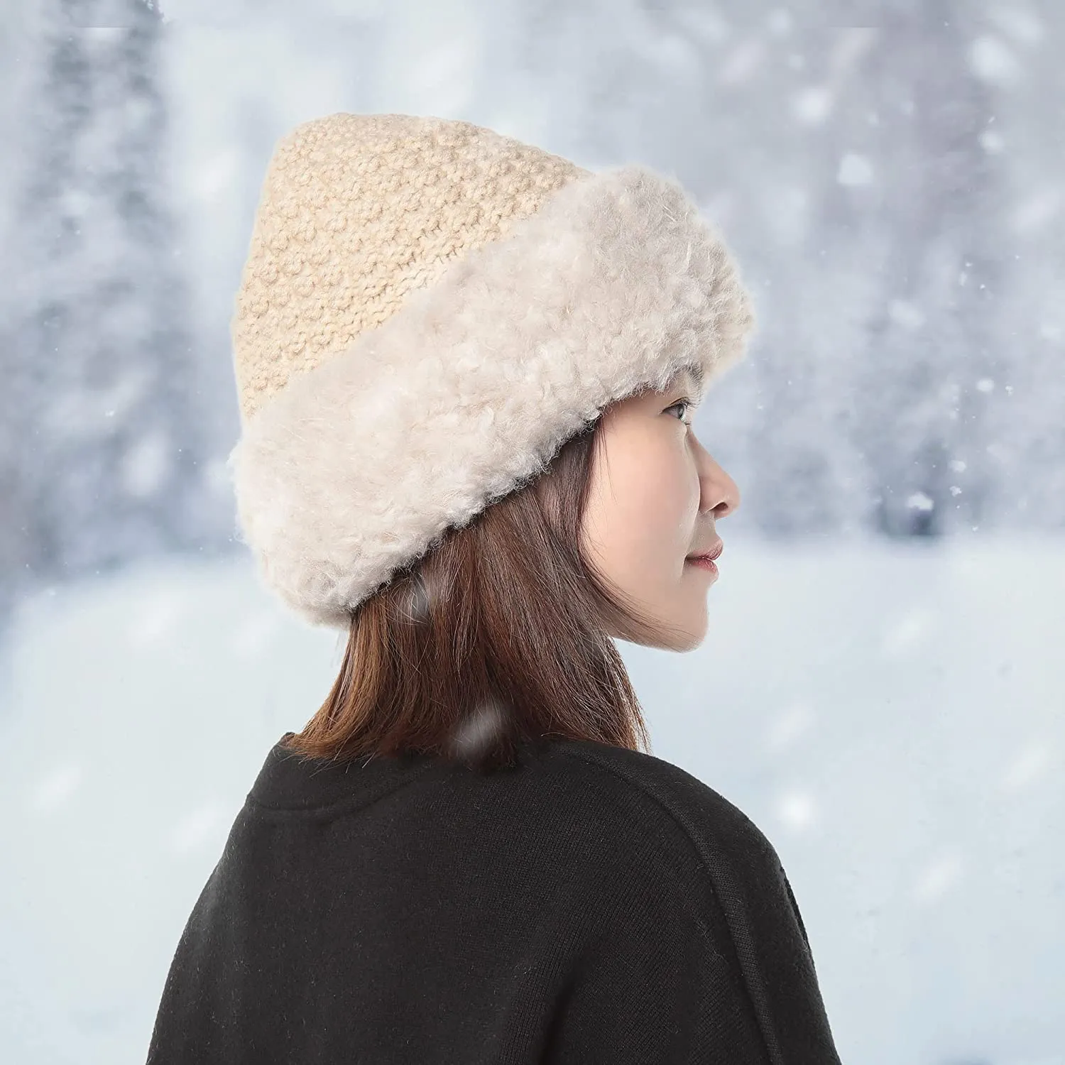 Winter Hats Knit Cap Faux Fur Hat Fluffy Bucket Hat Snow Cap for Women 21623